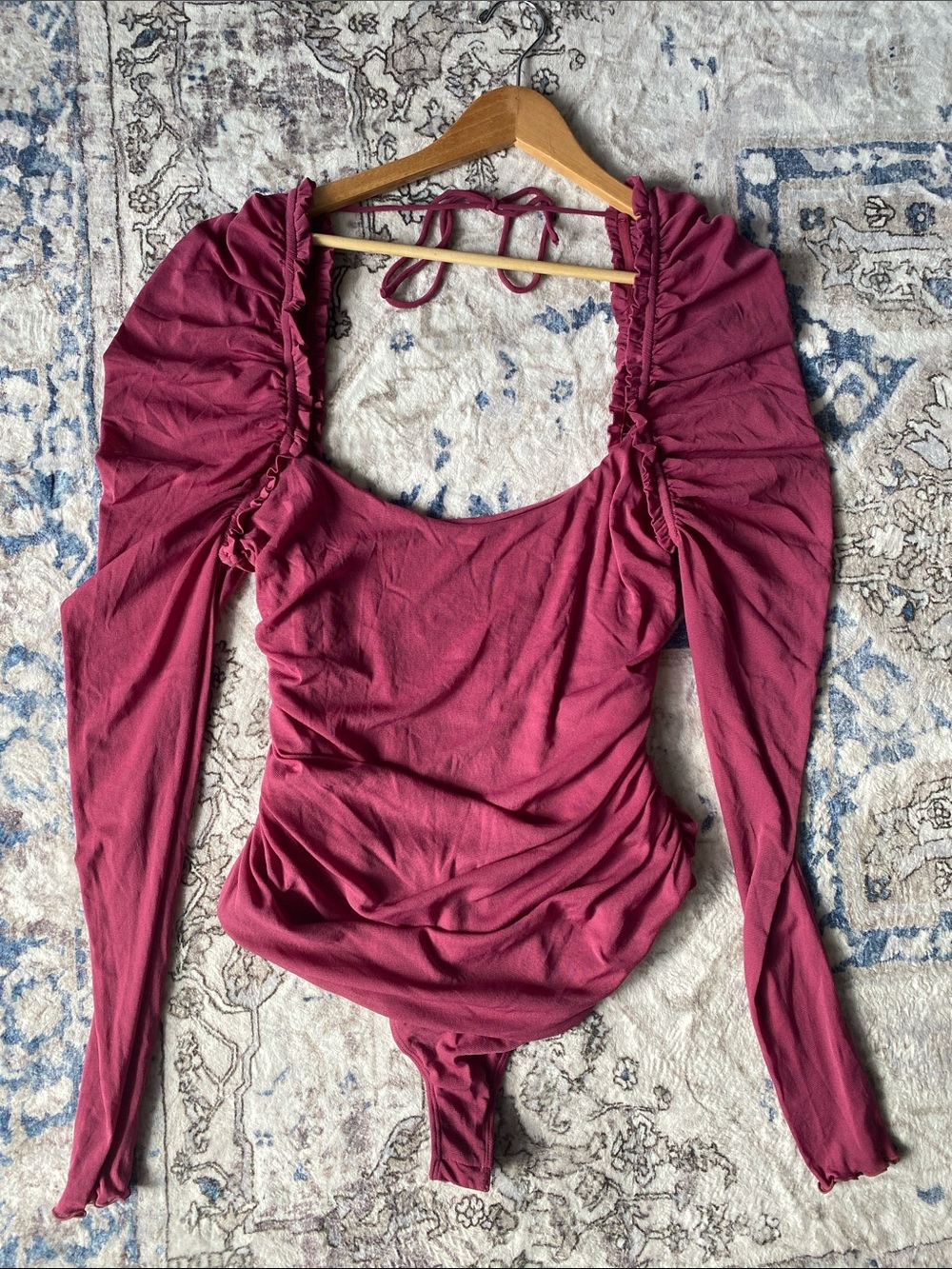 Free People Next To You Ruched Mesh Mauve Long Sleeve Bodysuit M/L